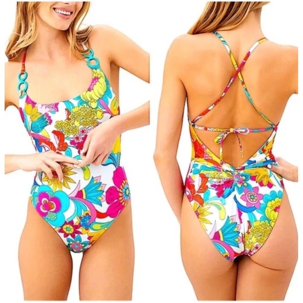Trina Turk Floral One Piece Swimsuit Multicolor Ring Tie Back Size 14 3781045M